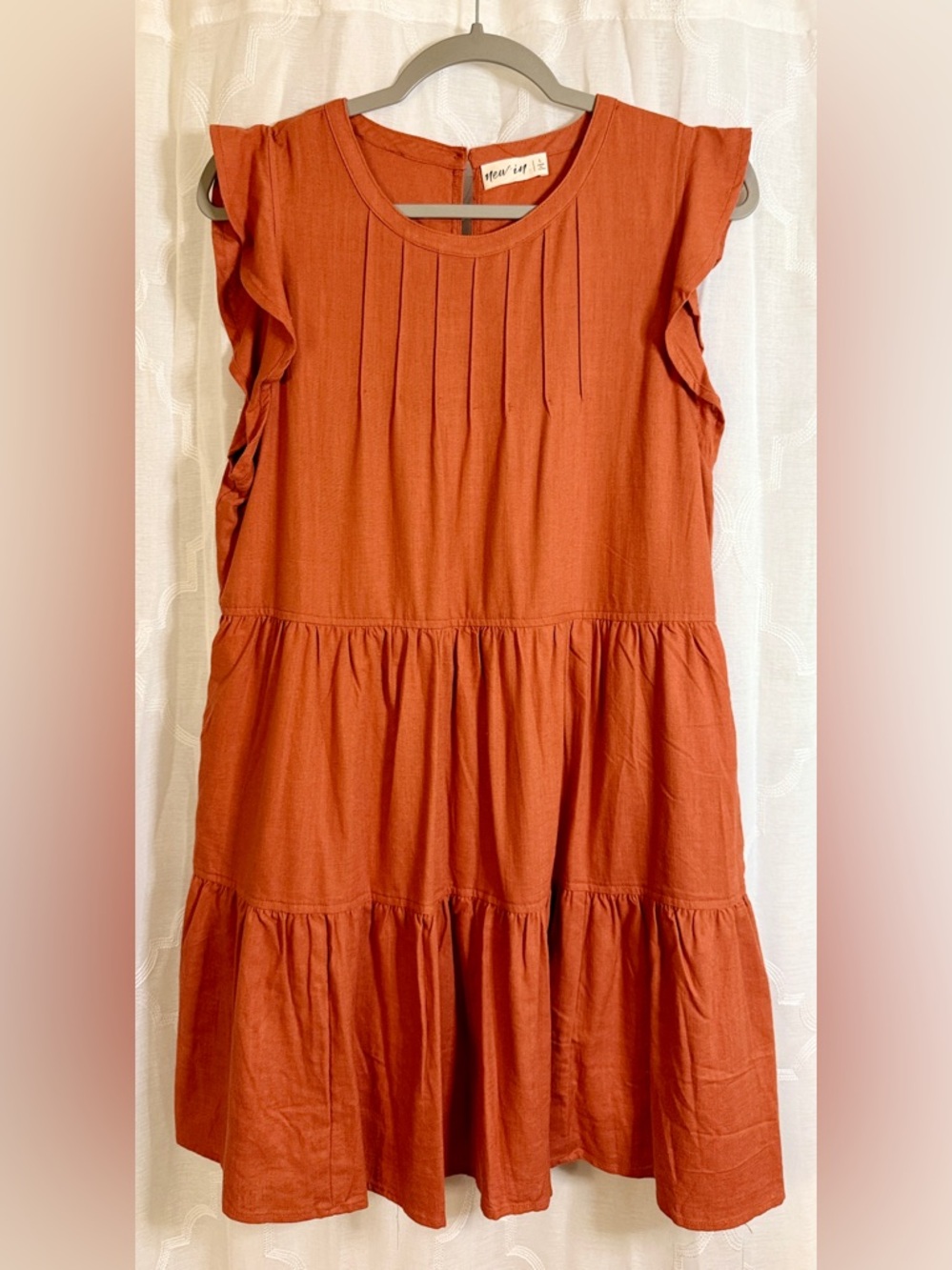 New In Rust Orange Tiered Dress| Ruffle Sleeve Mini Dress | Boho Casual | Size L - Picture 2 of 8